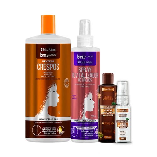 Kit Creme de Pentear Crespos 1l + Spray Revitalizador + Óleo de Umectação + Reparador de Pontas (4 itens) | bn.Cachos Kit Creme de Pentear Crespos 1l + Spray Revitalizador + Óleo de Umectação + Reparador de Pontas (4 itens) | bn.Cachos